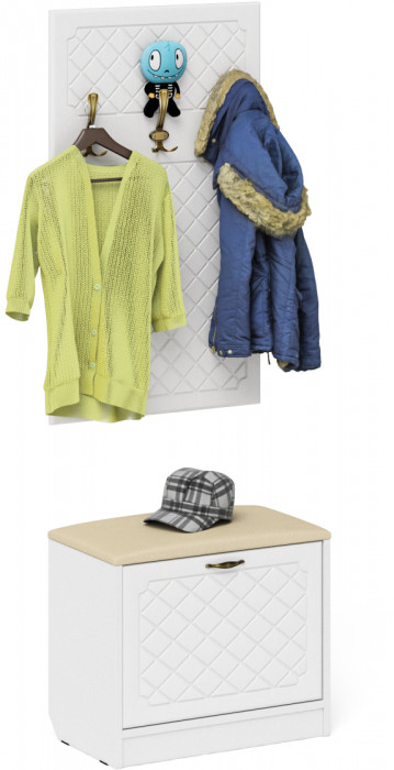 Прихожая П-6 Тумба + Вешалка, цвет белая шагрень/фасады МДФ белое дерево фрезеровка ромб, ШхГхВ 60х35х200 см.