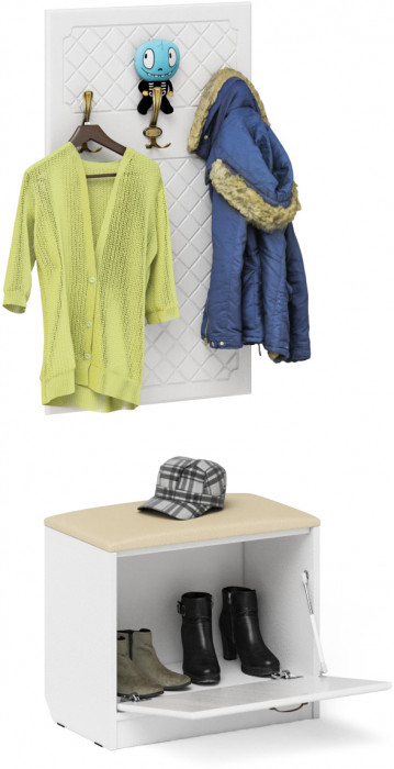 Прихожая П-6 Тумба + Вешалка, цвет белая шагрень/фасады МДФ белое дерево фрезеровка ромб, ШхГхВ 60х35х200 см.