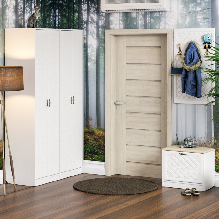 Прихожая П-6 Тумба + Вешалка, цвет белая шагрень/фасады МДФ белое дерево фрезеровка ромб, ШхГхВ 60х35х200 см.