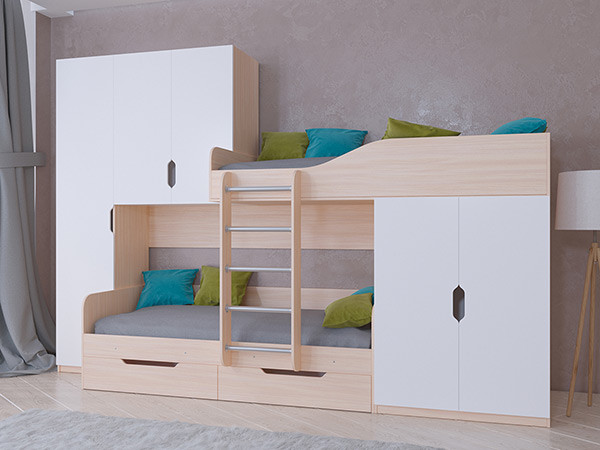 Кровать двухъярусная ЛЕО Дуб молочный/Белый