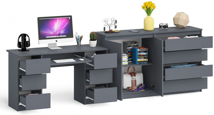 Мори Стол компьютерный МС-2 + Комод МК1600.1, цвет графит, ШхГхВ 295,8х50х94 см., универсальная сборка
