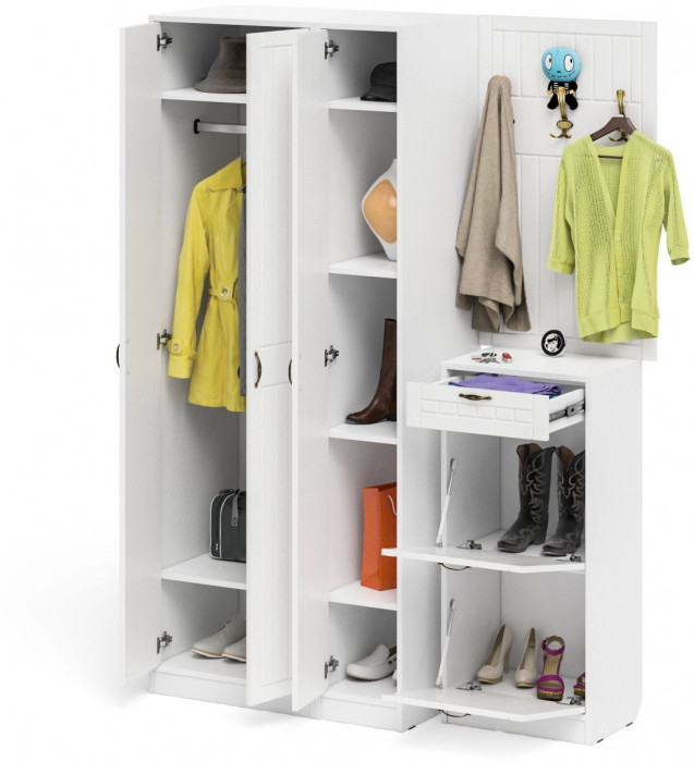 Прихожая П-6 Компоновка № 50, белая шагрень/фасады МДФ белое дерево фрезеровка прованс