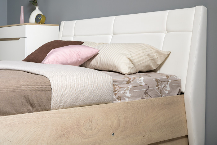 Муссон Кровать 11.28 + подъёмный ортопед + Тумба 16.03, цвет белый/дуб эндгрейн элегантный/кожзам белый, сп. м. 1600х2000 мм., б/м