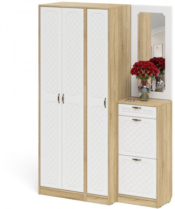 Прихожая П-6 Компоновка № 49, цвет дуб сонома/фасады МДФ белое дерево фрезеровка ромб, ШхГхВ 140х50х210 см., универсальная сборка