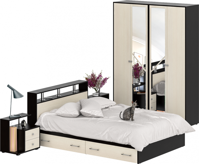 Камелия спальня № 8 Кровать с ящиками 1400 + Две тумбы + Шкаф 4-х створчатый, венге/дуб лоредо