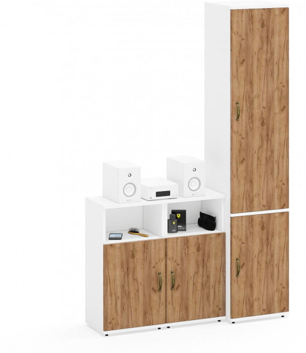 Лидер-8 Пенал МД 21Б + Тумба МД 3.19 + Тумба МД 3.19, белый шагрень/крафт золото