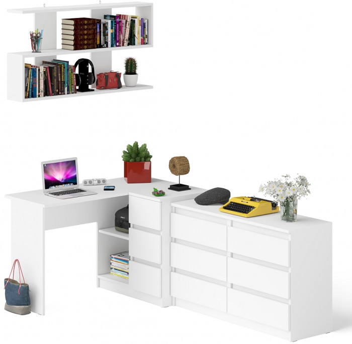 Мори компьютерный стол МС-16 правый + Комод МК1200.6 + Полка 1200, белый