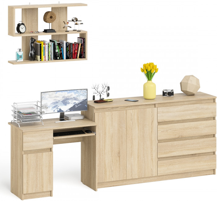 Мори Стол компьютерный МС-1 левый + Комод МК1600.1 + Полка 900, цвет дуб сонома, ШхГхВ 250,4х50х209,6 см., НЕ универсальная сборка