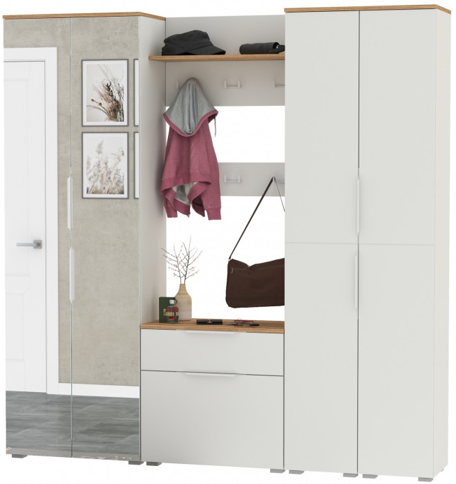 Октава Прихожая 31, цвет белый шагрень/дуб крафт золотой/фасады МДФ белый шагрень, ШхГхВ 193,7х35,4х197,6 см., универсальная сборка