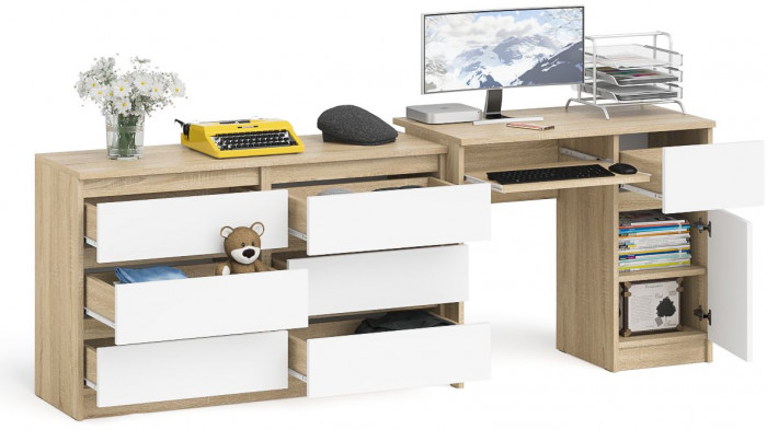 Мори компьютерный стол МС-1 правый + Комод МК1200.6, дуб сонома/белый