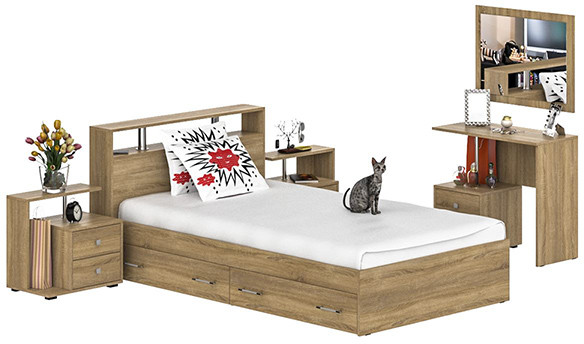 Камелия спальня № 13 Кровать с ящиками 1200 + Две тумбы + Стол косметич. + Зеркало, цвет дуб сонома, сп.м. 1200х2000 мм., б/м, основание есть