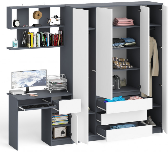 Мори Стол компьютерный МС-1 правый + Шкаф МШ1600.1 + Полка 900, цвет графит/белый, ШхГхВ 250,4х50,4х209,6 см., НЕ универсальная сборка