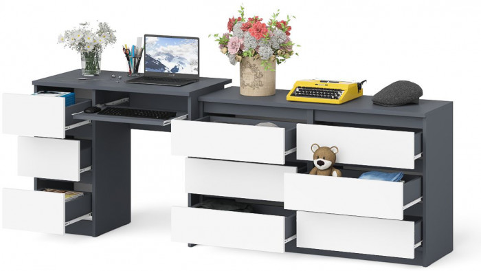 Мори Стол компьютерный МС-6 левый + Комод МК1200.6, цвет графит/белый, ШхГхВ 210,4х50х76,6 см., выдвижные ящики слева, НЕ универсальная сборка