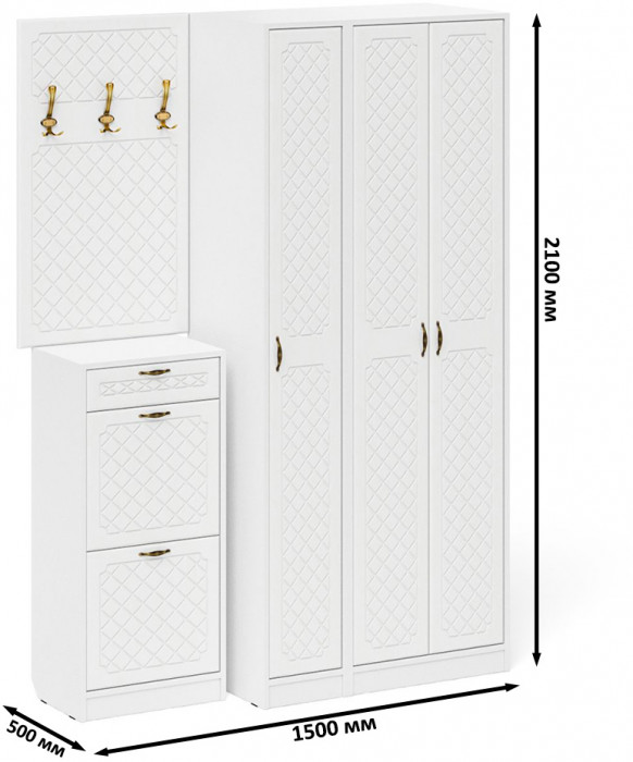 Прихожая П-6 Компоновка № 50, белая шагрень/фасады МДФ белое дерево фрезеровка ромб