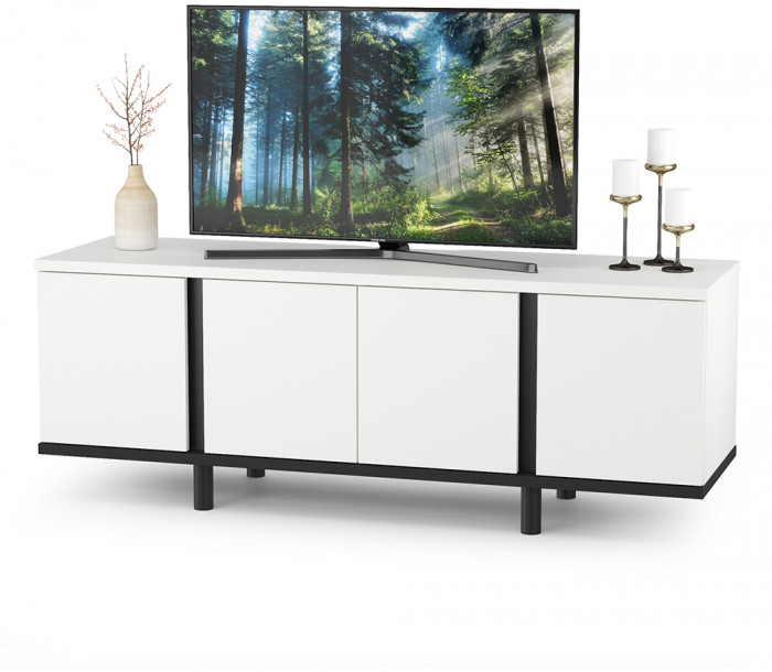 Муссон Кровать 11.28 + подъёмный ортопед + Тумба под ТВ Квадро 13.276, цвет белый/чёрный/дуб эндгрейн элегантный/кожзам белый, 1600х2000 мм., б/м