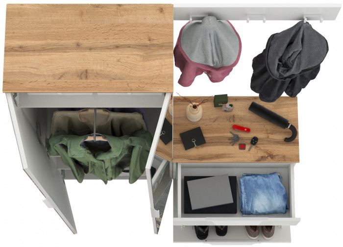 Октава Прихожая 11, цвет белый шагрень/дуб крафт золотой/фасады МДФ белый шагрень, ШхГхВ 129,3х35,4х197,6 см., универсальная сборка