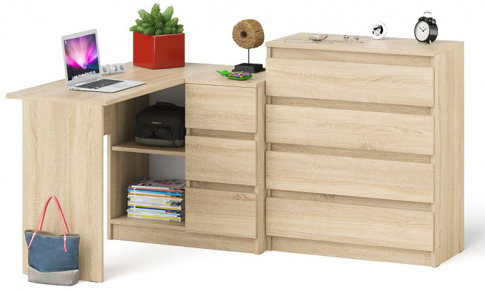 Мори Стол компьютерный МС-16 правый + Комод МК800.4, цвет дуб сонома, ШхГхВ 204,8х84,9х94 см., выдвижные ящики справа, НЕ универсальная сборка