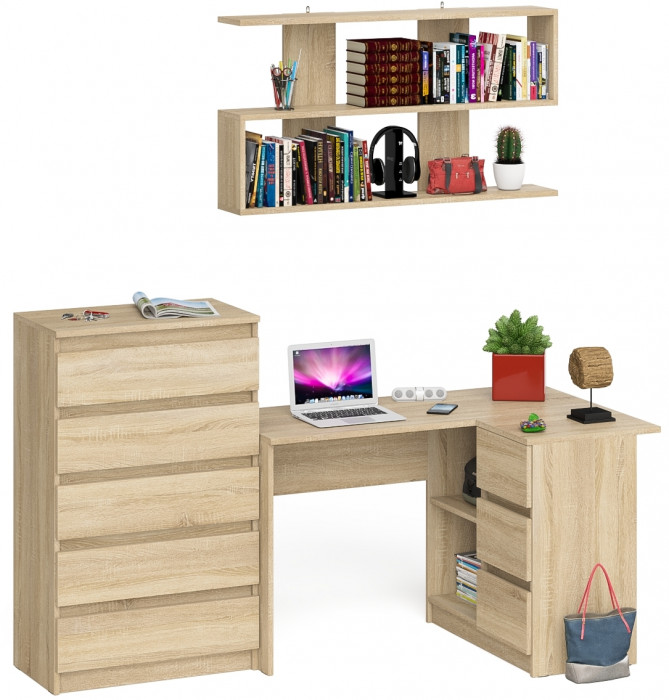 Мори компьютерный стол МС-16 правый + Комод МК700.5 + Полка 1200, дуб сонома