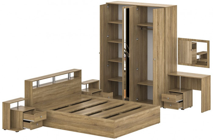 Камелия спальня № 2 Кровать 1600 + Две тумбы + Стол косметич. + Зеркало + Шкаф 4-х, цвет дуб сонома, сп.м. 1600х2000 мм., б/м, осн. есть