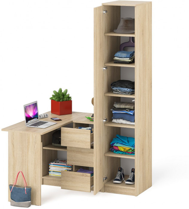Мори Стол компьютерный МС-16 правый + Пенал МШ400.1, цвет дуб сонома, ШхГхВ 164,8х84,9х209,6 см., выдвижные ящики справа, НЕ универсальная сборка