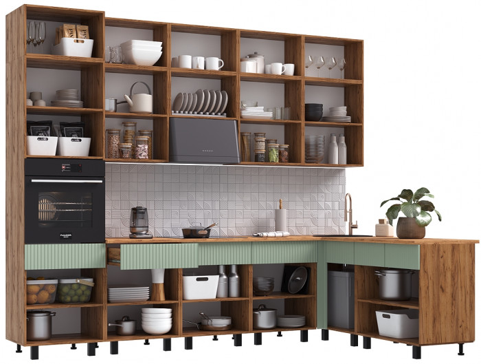 Кухня Оливия NEW 3,0х1,8/1080м Компоновка №2, Крафт золотой/Олива софт