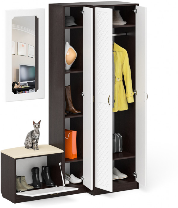 Прихожая П-6 Компоновка № 26, цвет венге/фасады МДФ белое дерево фрезеровка ромб, ШхГхВ 150х50х210 см., универсальная сборка