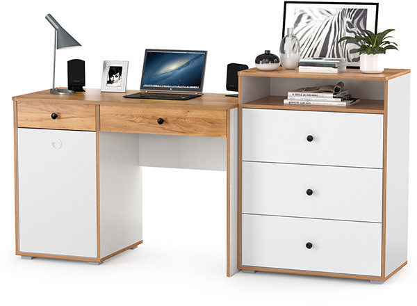 Вуди письменный стол 12.42 + Комод 13.293, белый премиум/дуб крафт золотой