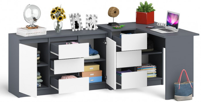 Мори компьютерный стол МС-16 левый + Комод МК1200.3, графит/белый