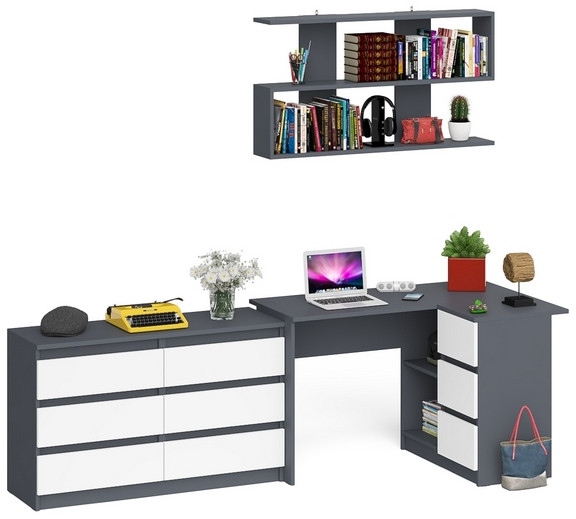 Мори компьютерный стол МС-16 правый + Комод МК1200.6 + Полка 1200, графит/белый