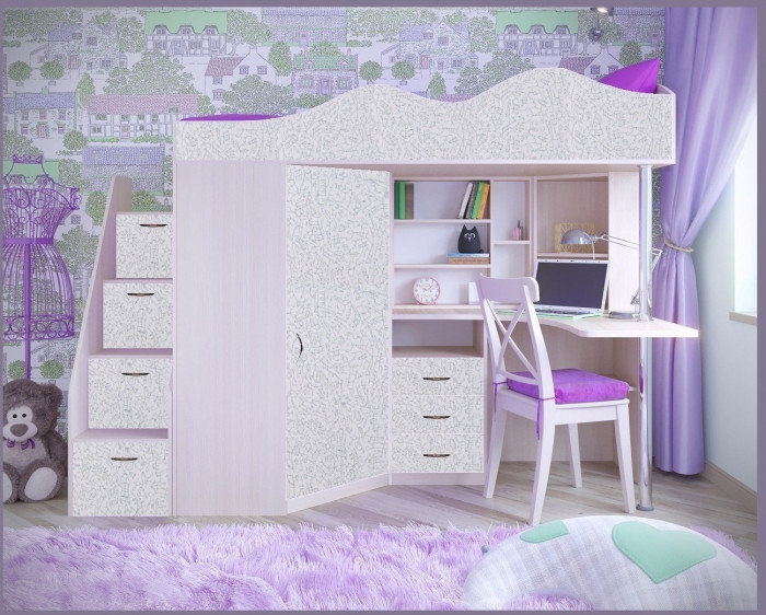 Кровать-чердак Пионер 1 (Дуб молочный/Ирис)