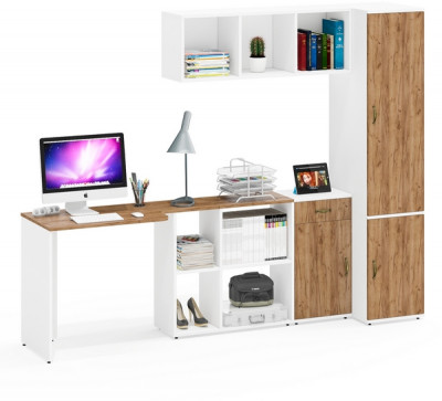 Лидер-8 Стол + Полка + Тумба МД 3.15 + Пенал МД 23Б, цвет белый шагрень/крафт золото, ШхГхВ 245х50/37,5х75/190 или 115х160/50х75/190 см., НЕ ун. сб.