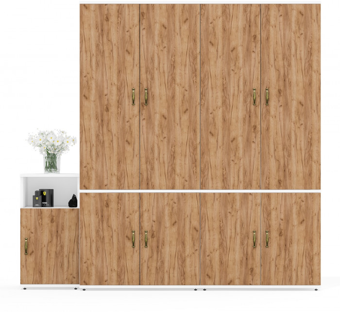 Лидер-8 Шкаф МД 20Б + Шкаф МД 20Б + Тумба МД 3.19, цвет белый шагрень/крафт золото, ШхГхВ 200х37,5х190 см., НЕ универсальная сборка