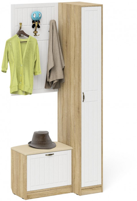 Прихожая П-6 Компоновка № 41, цвет дуб сонома/фасады МДФ белое дерево фрезеровка прованс, ШхГхВ 90х50х210 см., универсальная сборка