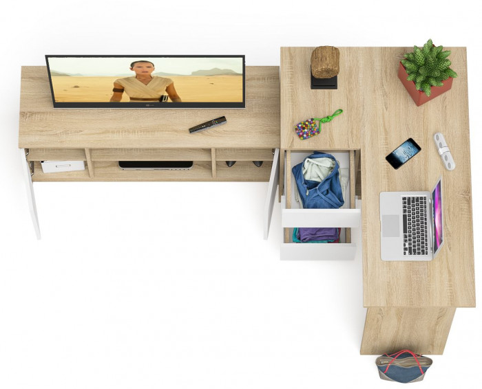 Мори Стол компьютерный МС-16 левый + Тумба МТВ1200.1, цвет дуб сонома/белый, ШхГхВ 244,8х84,9х76,6 см., выдвижные ящики слев, НЕ универсальная сборкаа