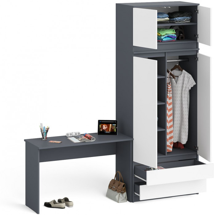 Мори письменный стол МСП1200.1 + Шкаф МШ900.1 + Антресоль МА900.1, графит/белый