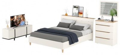 Муссон Кровать 11.41 + ортопед + 13.97 + Зеркало СВК + Тумба ТВ 13.276, цвет белый/чёрный/дуб эндгрейн элегантный, сп. м. 1600х2000 мм., б/м