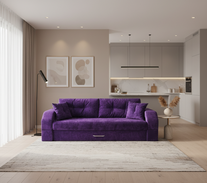 Диван-еврокнижка Манчестер, пружинный блок, 150х195, подсветка, велюр фиолетовый