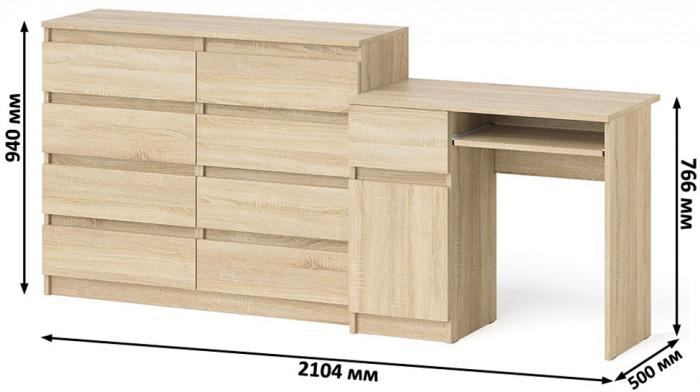 Мори компьютерный стол МС-1 левый + Комод МК1200.8, дуб сонома