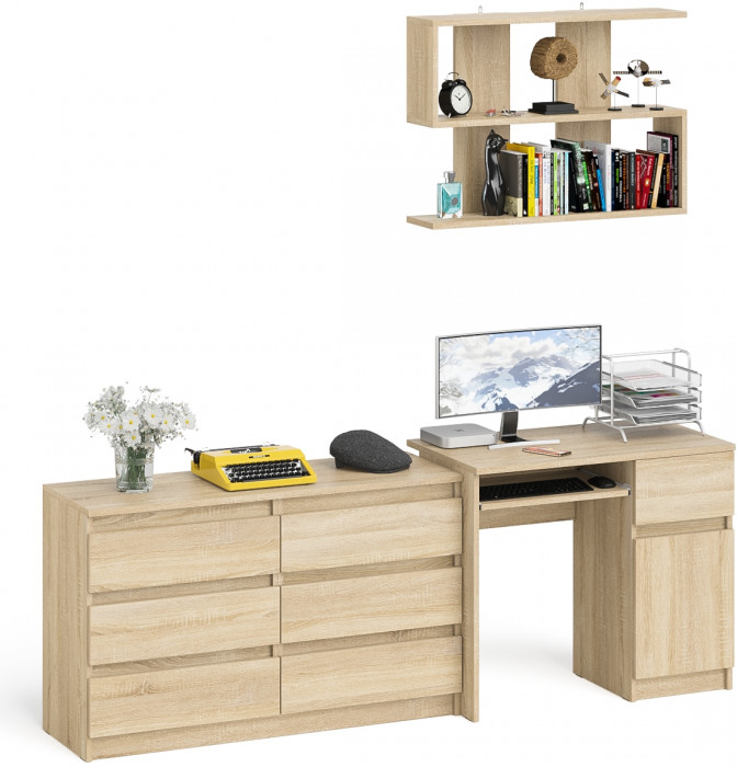 Мори компьютерный стол МС-1 правый + Комод МК1200.6 + Полка 900, дуб сонома