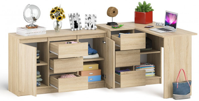Мори компьютерный стол МС-16 левый + Комод МК1200.3, дуб сонома