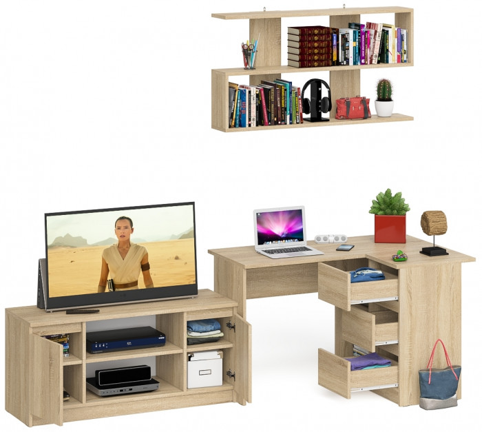 Мори компьютерный стол МС-16 правый + Тумба МТВ1200.1 + Полка 1200, дуб сонома