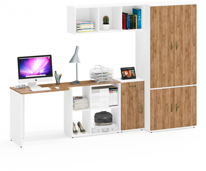 Лидер-8 Стол + Полка + Тумба МД 3.15 + Шкаф МД 19Б, цвет белый шагрень/крафт золото, ШхГхВ 285х50/37,5х75/190 или 115х200/50х75/190 см., НЕ ун. сб.