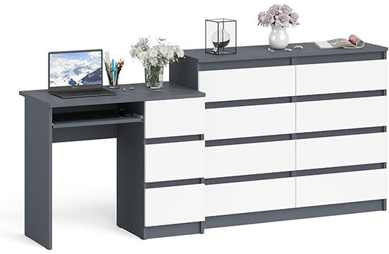 Мори Стол компьютерный МС-6 правый + Комод МК1200.8, цвет графит/белый, ШхГхВ 210,4х50х94 см., выдвижные ящики справа, НЕ универсальная сборка