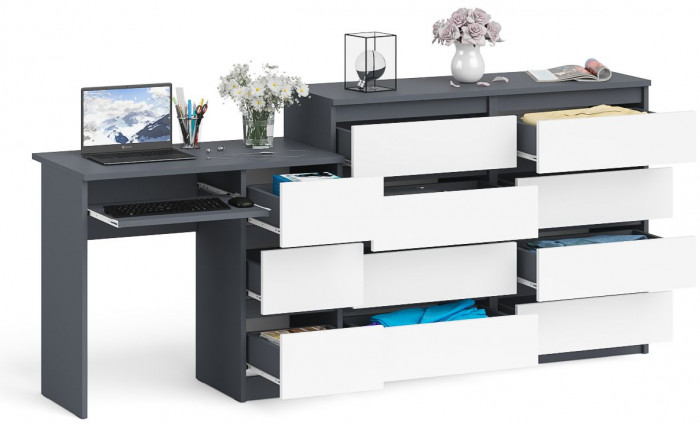 Мори Стол компьютерный МС-6 правый + Комод МК1200.8, цвет графит/белый, ШхГхВ 210,4х50х94 см., выдвижные ящики справа, НЕ универсальная сборка