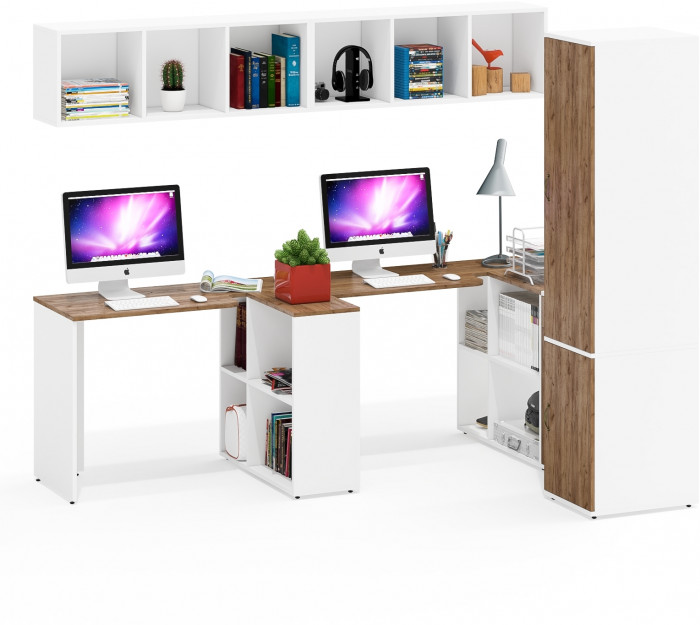 Лидер-8 Стол + Полка + Стол + Полка + Пенал МД 23Б + Тумба МД 3.15, белый шагрень/крафт золото