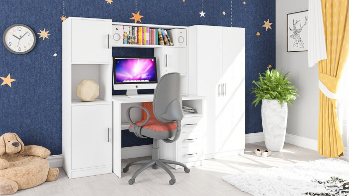 Стол компьютерный С-МД-СК9+Пенал С-МД-СК9П+Шкаф С-МД-СК9Ш, цвет белый шагрень, ШхГхВ 215х70х160 см., НЕ универсальная сборка