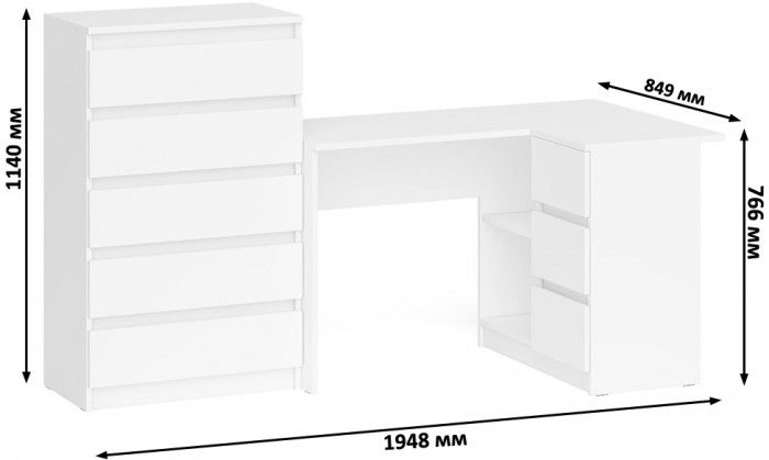 Мори компьютерный стол МС-16 правый + Комод МК700.5, белый