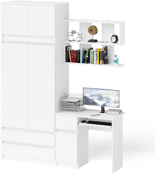 Мори Стол компьютерный МС-1 левый + Шкаф МШ900.1 + Антресоль МА900.1 + Полка 900, цвет белый, ШхГхВ 180,4х50,4х234,2 см., НЕ универс. сборка