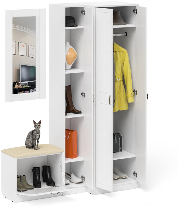 Прихожая П-6 Компоновка № 26, белая шагрень/фасады МДФ белое дерево фрезеровка прованс