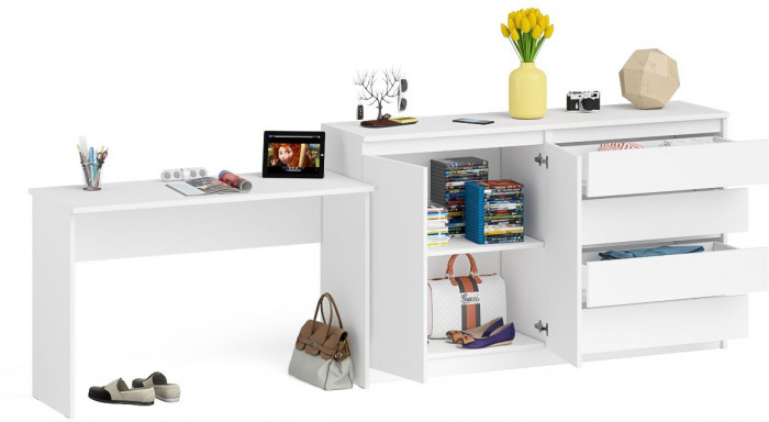 Мори Стол письменный МСП1200.1 + Комод МК1600.1, цвет белый, ШхГхВ 280,8х50х94 см., универсальная сборка